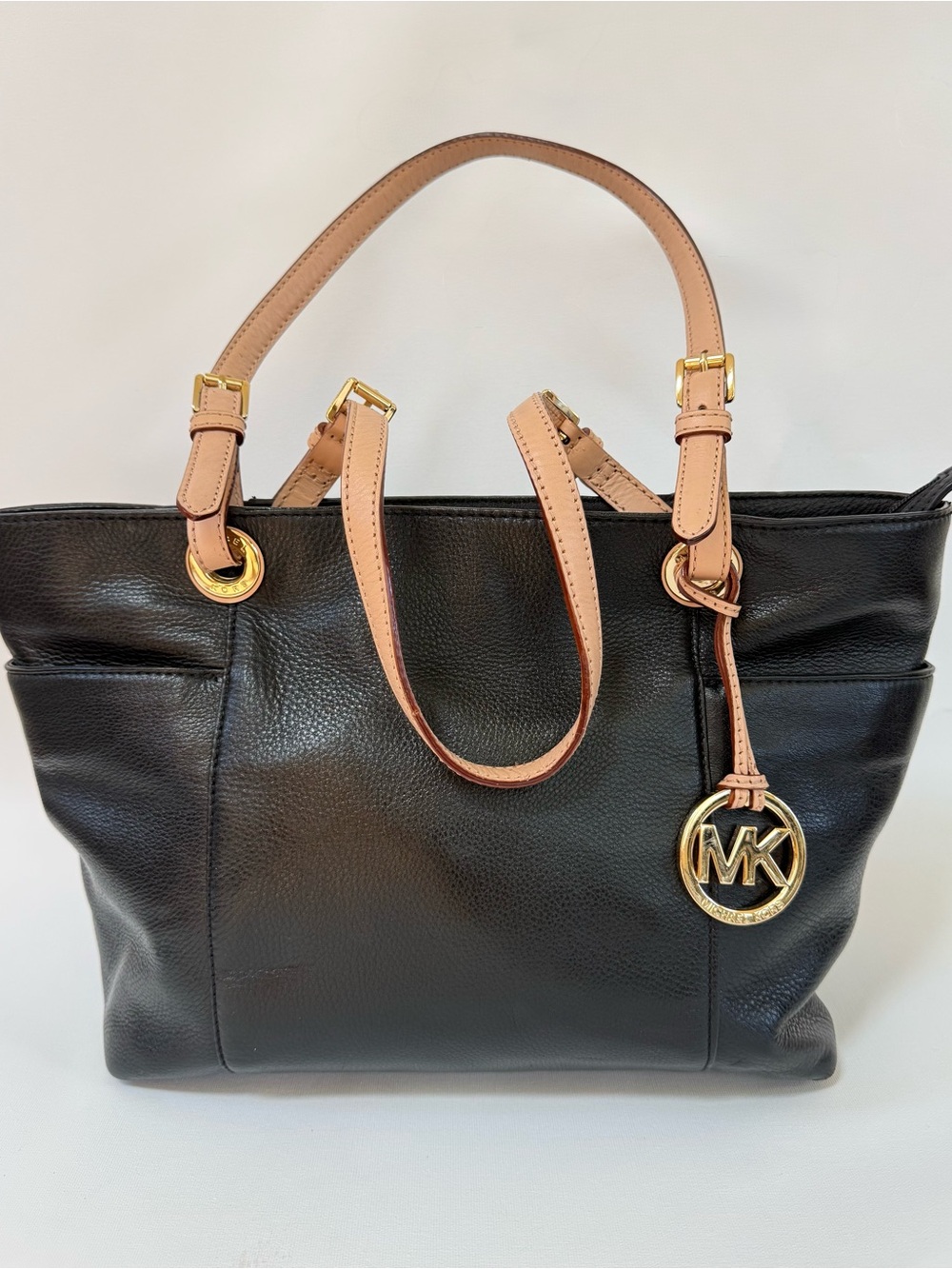 Michael Kors Black pebbled Leather Large Tote with Tan Handles